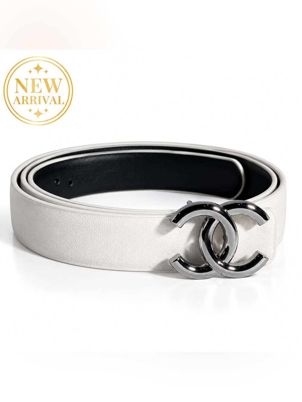 🤍 Women’s Elegant White leather Belt with Black & Silver-Tone Buckle 🤍